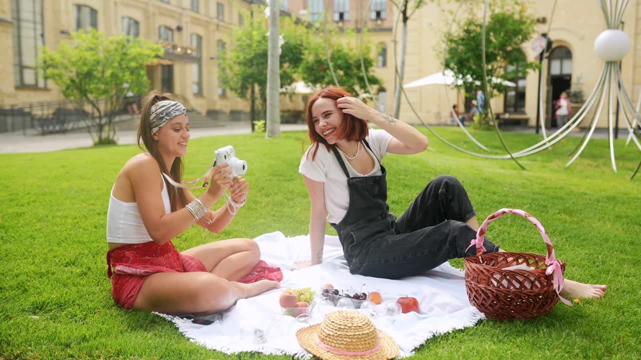 두 친구 가 공원 에서 피크닉 을 즐기고 있다