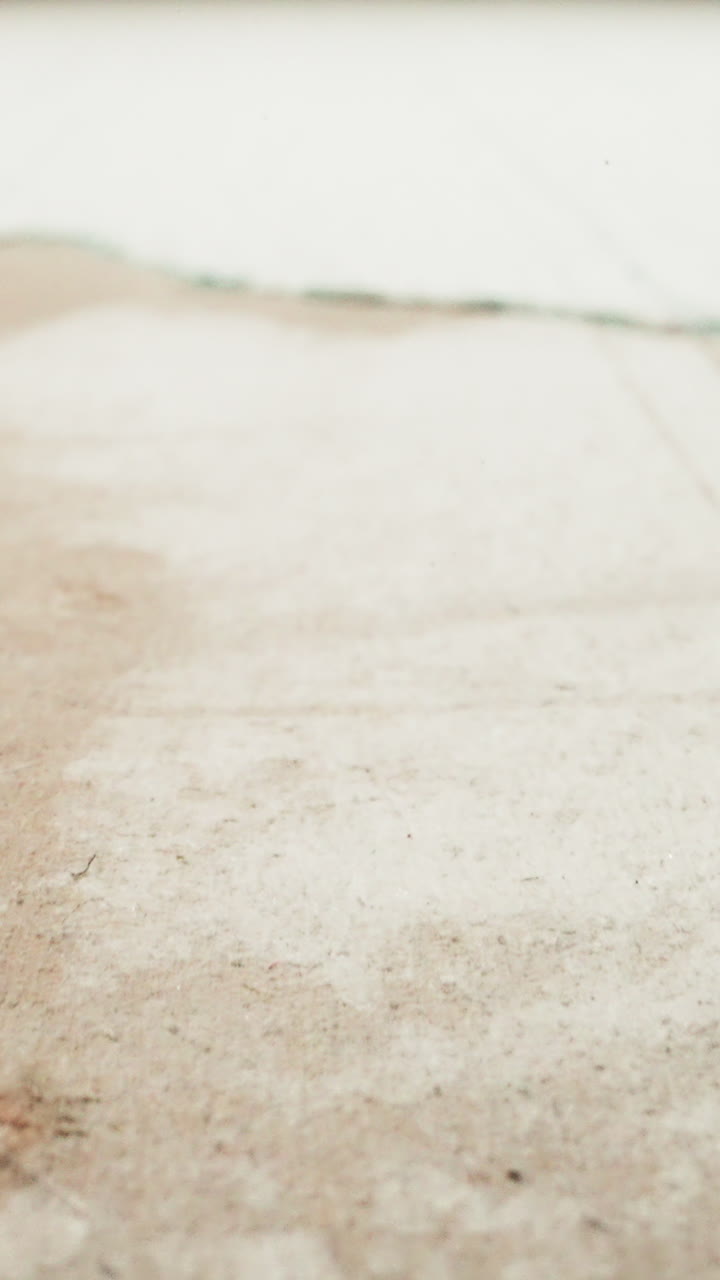 Motion above drywall sheet with torn coverage in renovated room macro view. Remove old construction material from wall. Repair process at home