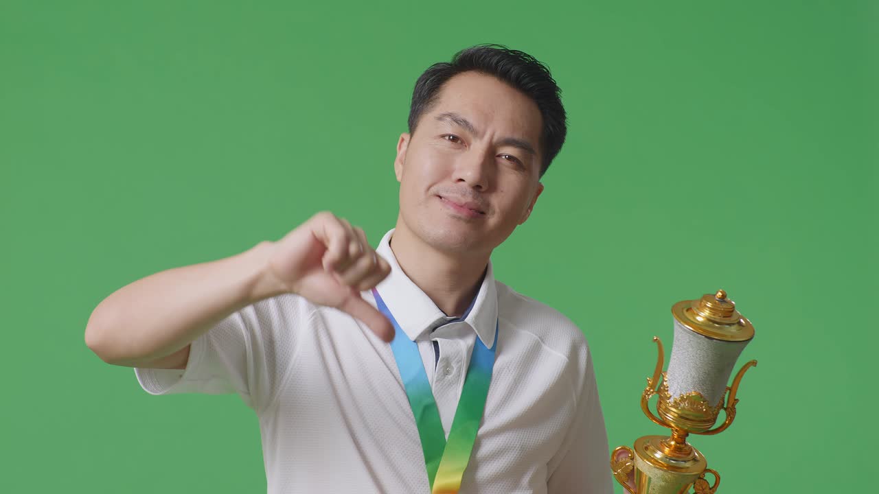엄지손가락을 내려놓고 트로피를 들고 있는 남자