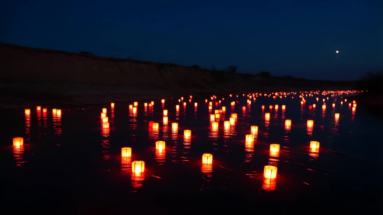 Cientos de farolillos de papel flotan sobre el agua oscura y ondulada del río por la noche, proyectando cálidos reflejos rojo anaranjado mientras los grupos se densifican hacia el horizonte, creando un ambiente ceremonial tranquilo bajo el cielo crepuscular