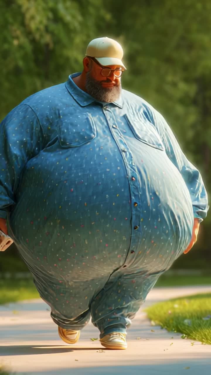 A man with a unique and round physique walks along a serene pathway, dressed casually in a patterned blue outfit, showcasing individuality and confidence