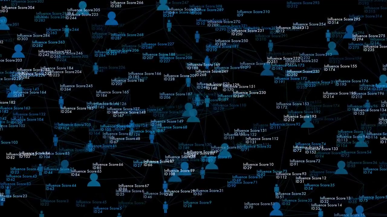 Digital human icons floating with associated "Influence Scores" and IDs. Perfect for exploring social media trends, cybersecurity, and data personification concepts.