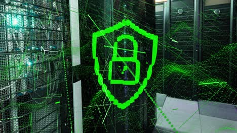 Animation-of-cyber-padlock-icon-over-green-light-trails-and-digital-wave-against-server-room