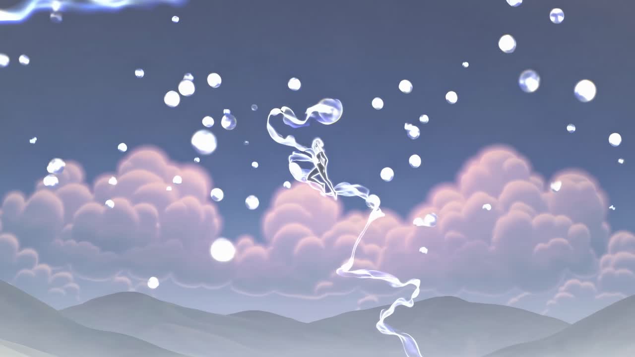 Aerial view of a surreal landscape with floating bubbles and a mystical figure