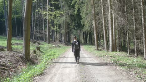 girl walks freely and calmly along the path in the forest