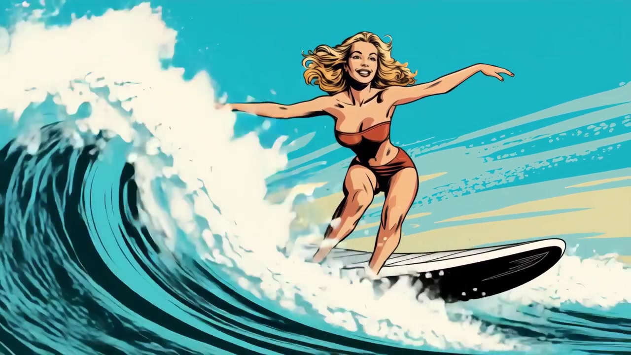 Vaaleatukkainen nainen surffaamassa aallolla pop-taiteen tyyliin