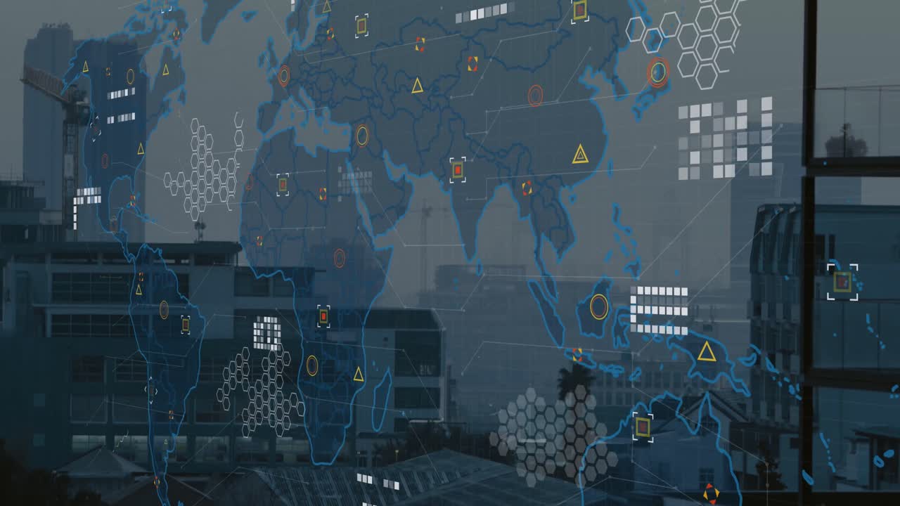 Animation of world map and data processing against aerial view of cityscape