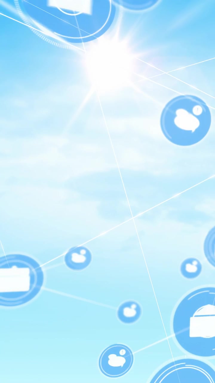 Video verticale: Icone UI blu che appaiono dopo che una scia attraversa il sole, si muovono verso l'interno e collegano la rete.