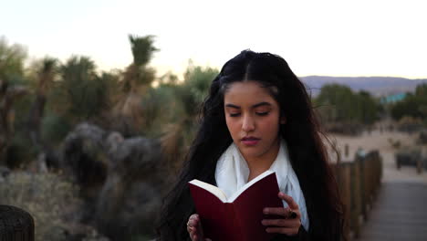 a beautiful girl student scholar reading a fantasy fairytale story in a red book or novel