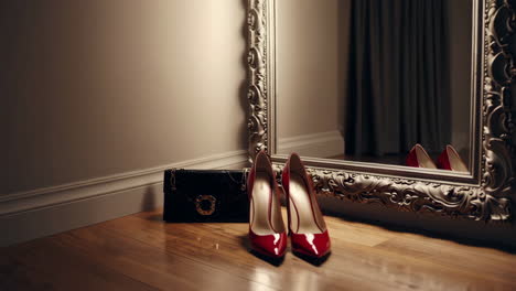 red heels and black purse in front of a mirror