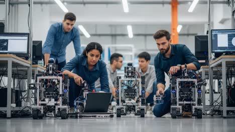 a collaborative robotics workshop: engineers and students test and optimize their design prototypes in a high-tech laboratory setting