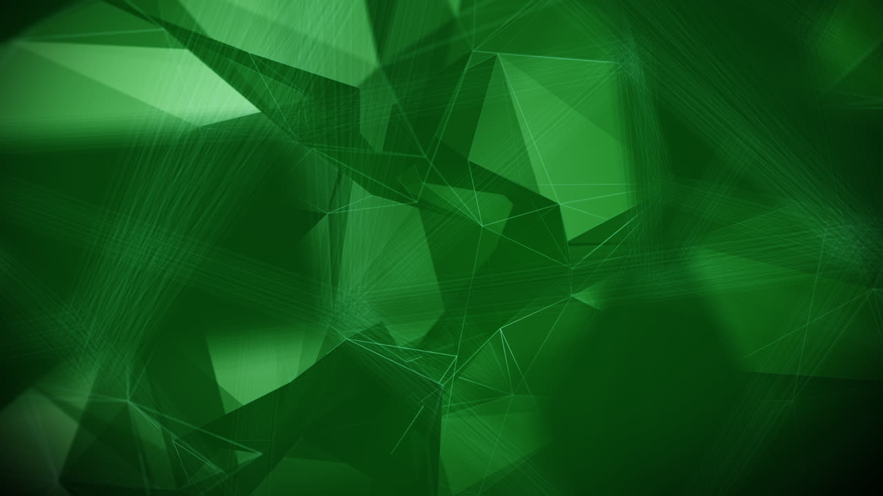 Sfondo spaziale poligonale verde astratto in loop con punti e linee di connessione. Sfondo geometrico poligonale per medicina, tecnologia.