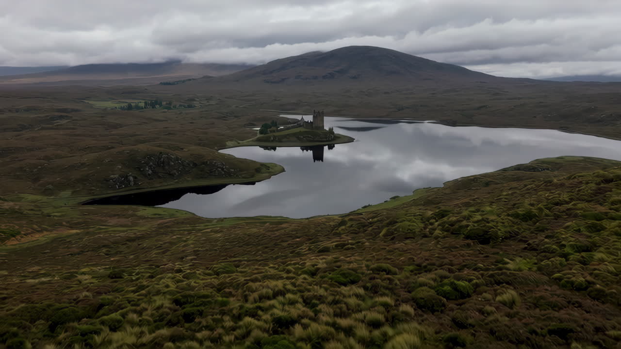 Aerial View of Loch na Keal and the Ruins of the Old Church, Scotland