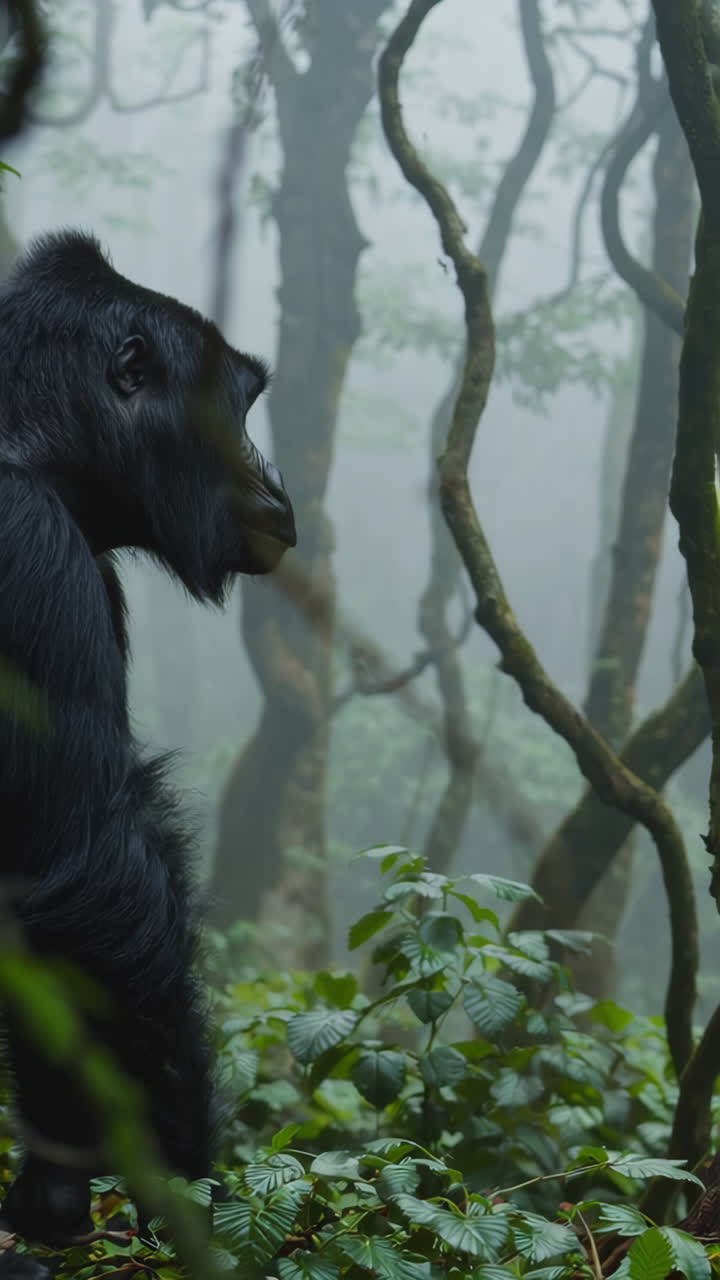 Gorilla in una foresta pluviale nebbiosa