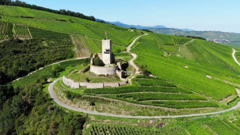 fotografía aérea, restos del viejo castillo con la torre intacta anidada en el lado de la colina verde