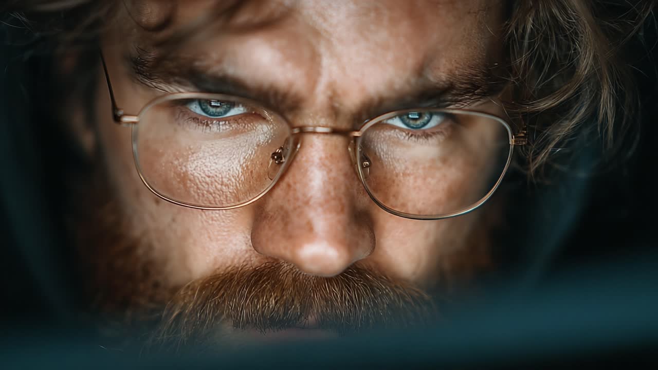 A focused individual immersed in a blend of concentration and intensity, illuminated by the soft glow of a screen, showcasing deep blue eyes and a rugged beard