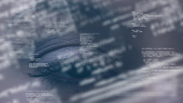 Animation of data processing over close up of woman's eye