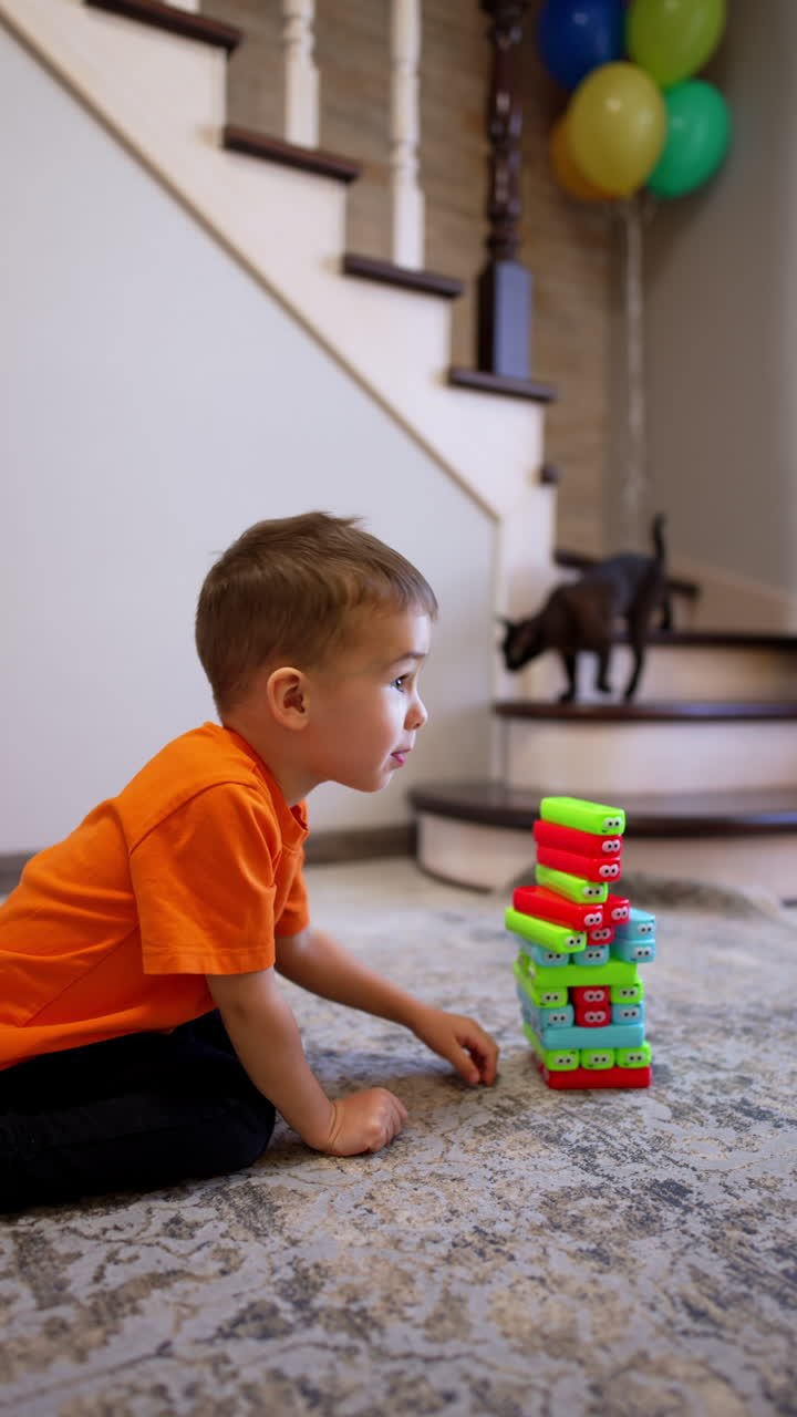 Lovely kid sits on the floor in from of the block tower. Toddler boy pushes the bricks and ruins a tower. Black cat walks at backdrop. Vertical video.
