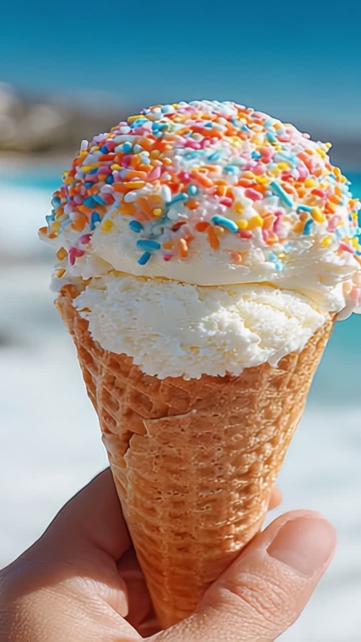Una rinfrescante delizia estiva: gustando un colorato cono gelato con una generosa pallina di vaniglia e codette in una giornata di sole in spiaggia.