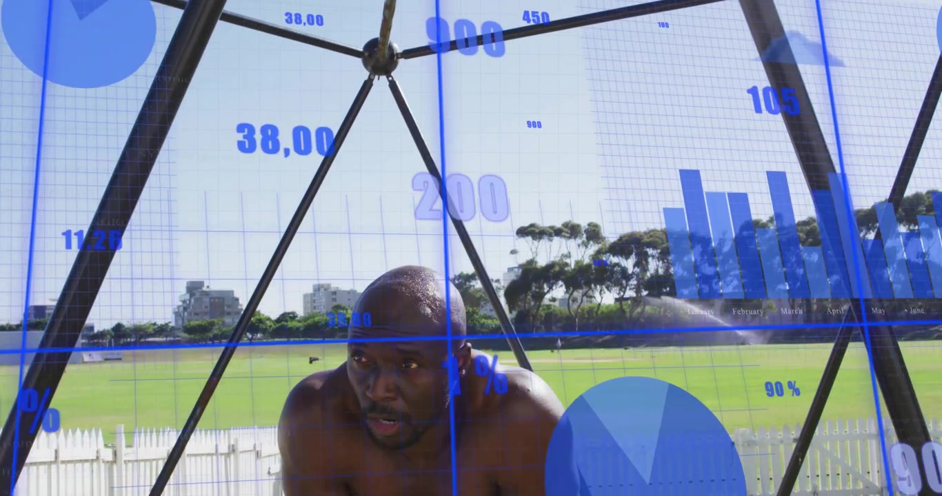 After workout causing fit man lifting head recovering scanning field while blue charts overlaying