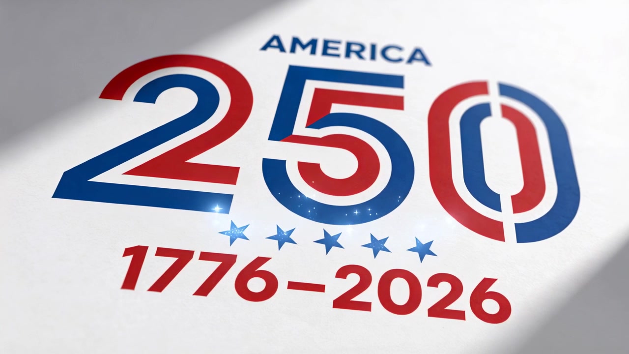 Un logo AMERICA 250 scintillante rivela le date 1776-2026 in uno studio con un fascio di luce che si muove, celebrando 250 anni.