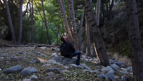 man in the forest enjoying nature alone looking back seeing the sun come through the trees