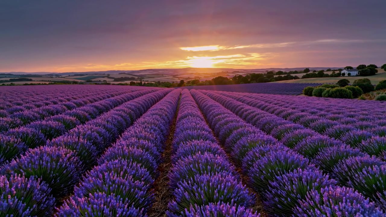 Fantastisk solnedgång över blommande lavendelfält i Provence
