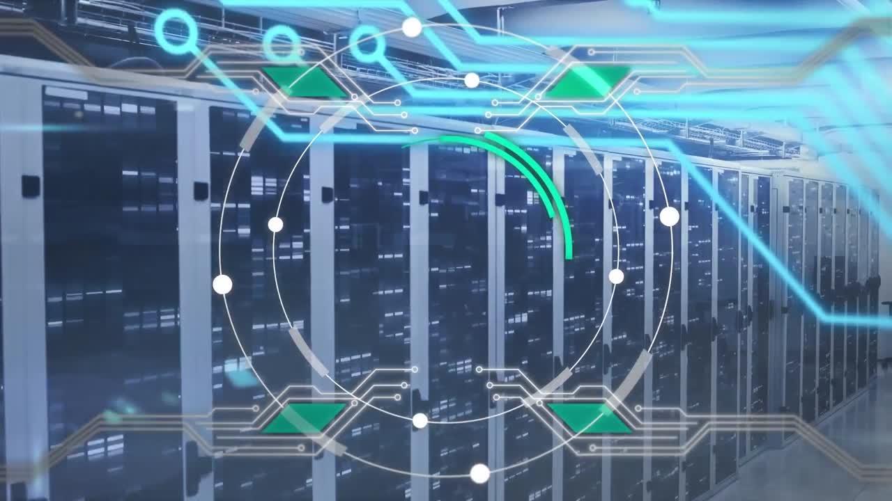 Animation of processing circle and integrated circuit over servers