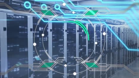 Animation-of-processing-circle-and-integrated-circuit-over-servers