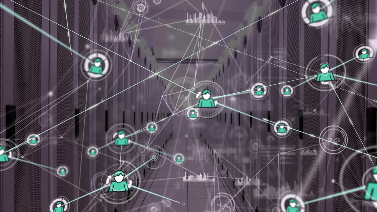 Animation of network of connections with icons and data processing over server room