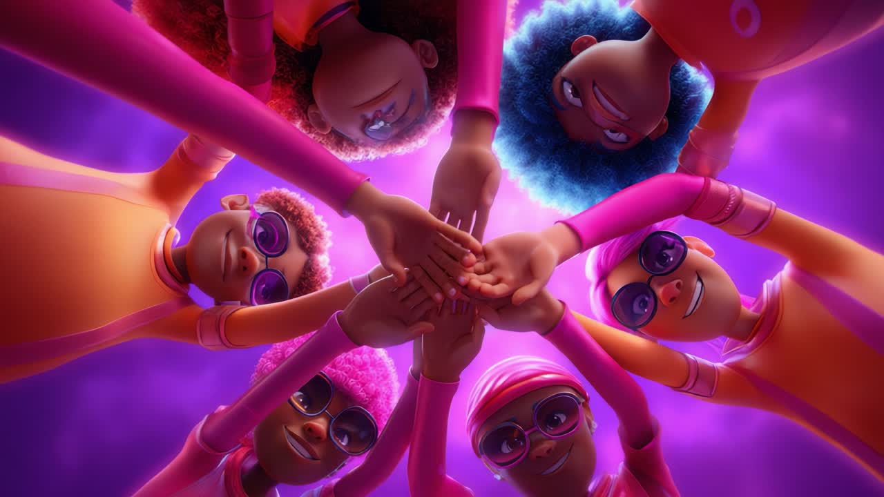 A vibrant group of animated characters celebrates unity and friendship as they join hands in a circle, showcasing colorful hairstyles and joyful expressions against a purple backdrop