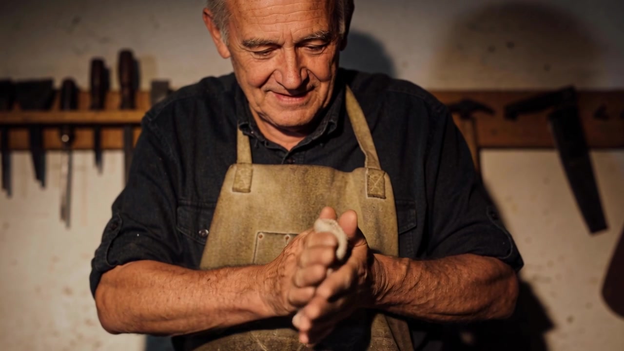 Un artigiano prende uno straccio, si asciuga i palmi, piegando (lo straccio), si pulisce le mani e le stringe al banco con un grembiule portautensili.