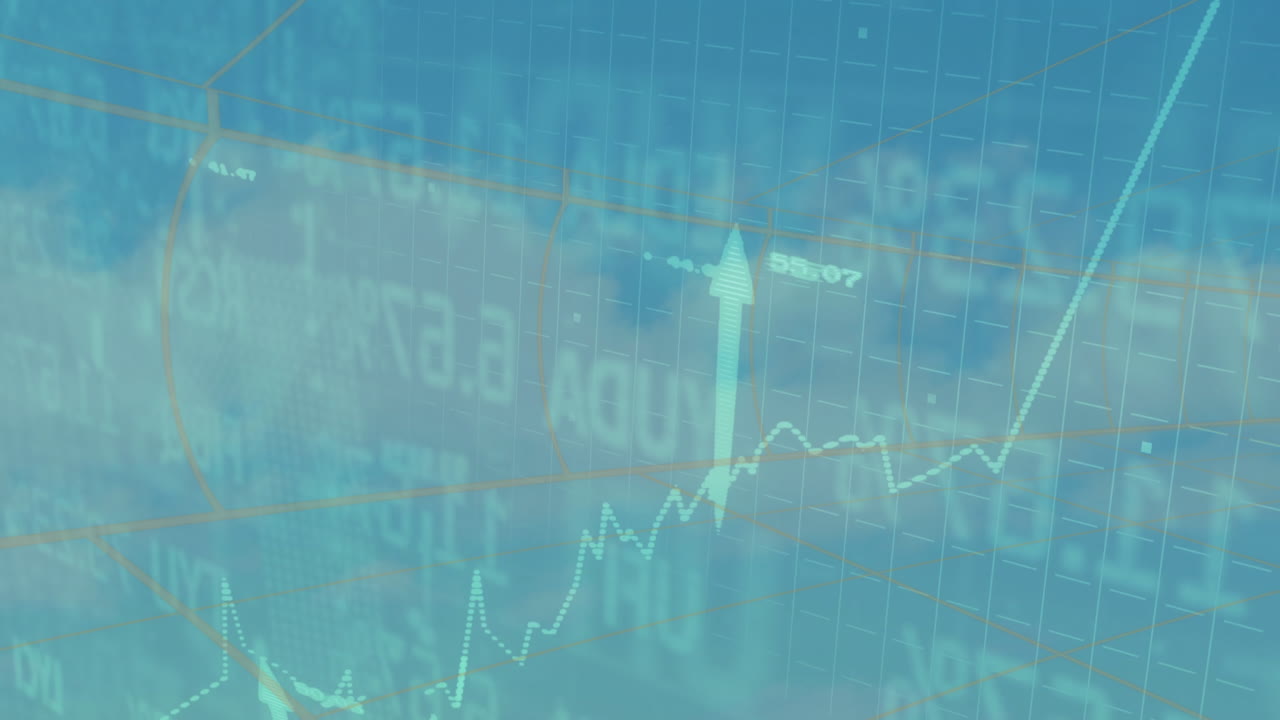 White dotted line graph being animated, rising across blue grid with green arrow and market data