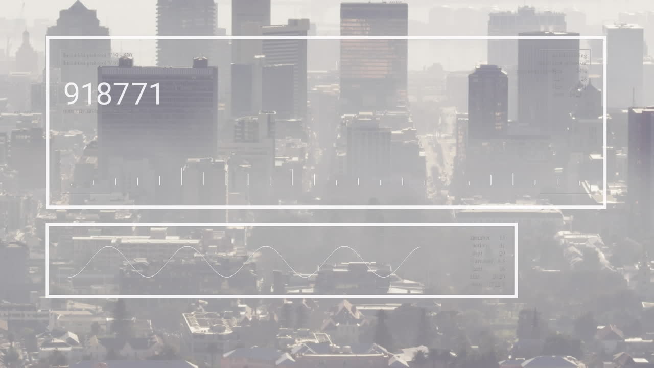 현대 도시 풍경의 공중 전망 위에서 변화하는 숫자를 가진 화면의 애니메이션