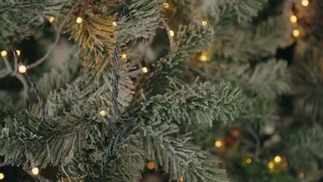close up of christmas tree branches with warm fairy lights, creating festive warmth