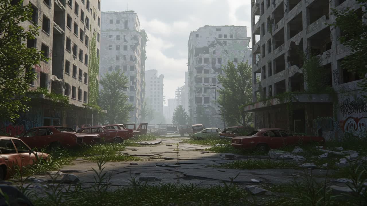 A Hauntingly Beautiful Post-Apocalyptic Cityscape: Abandoned Buildings, Overgrown Vegetation, and Rusting Cars Paint a Stark Picture of Desolateness and Decay