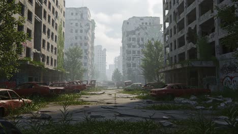 a hauntingly beautiful post-apocalyptic cityscape: abandoned buildings, overgrown vegetation, and rusting cars paint a stark picture of desolateness and decay