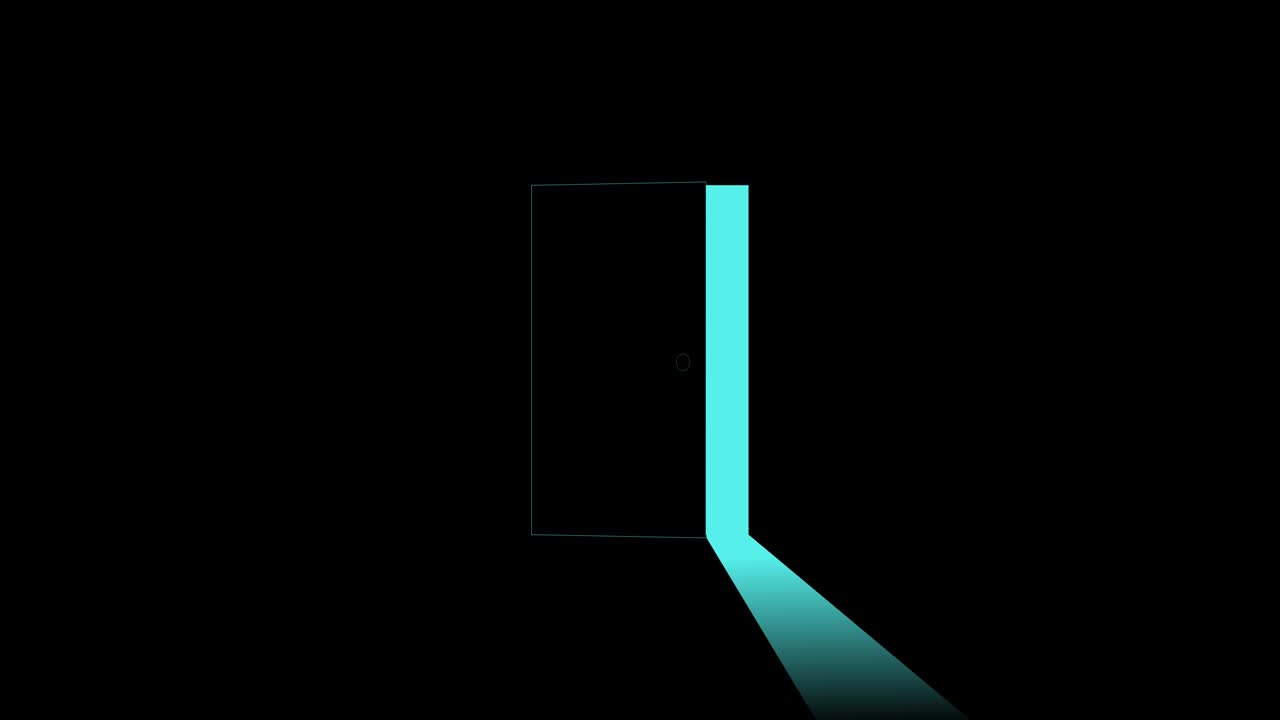 개방된 문에서 빛, 푸른 빛, 어두운 방으로 문을 열고 닫는, 수평 구성, 4k 비디오 품질