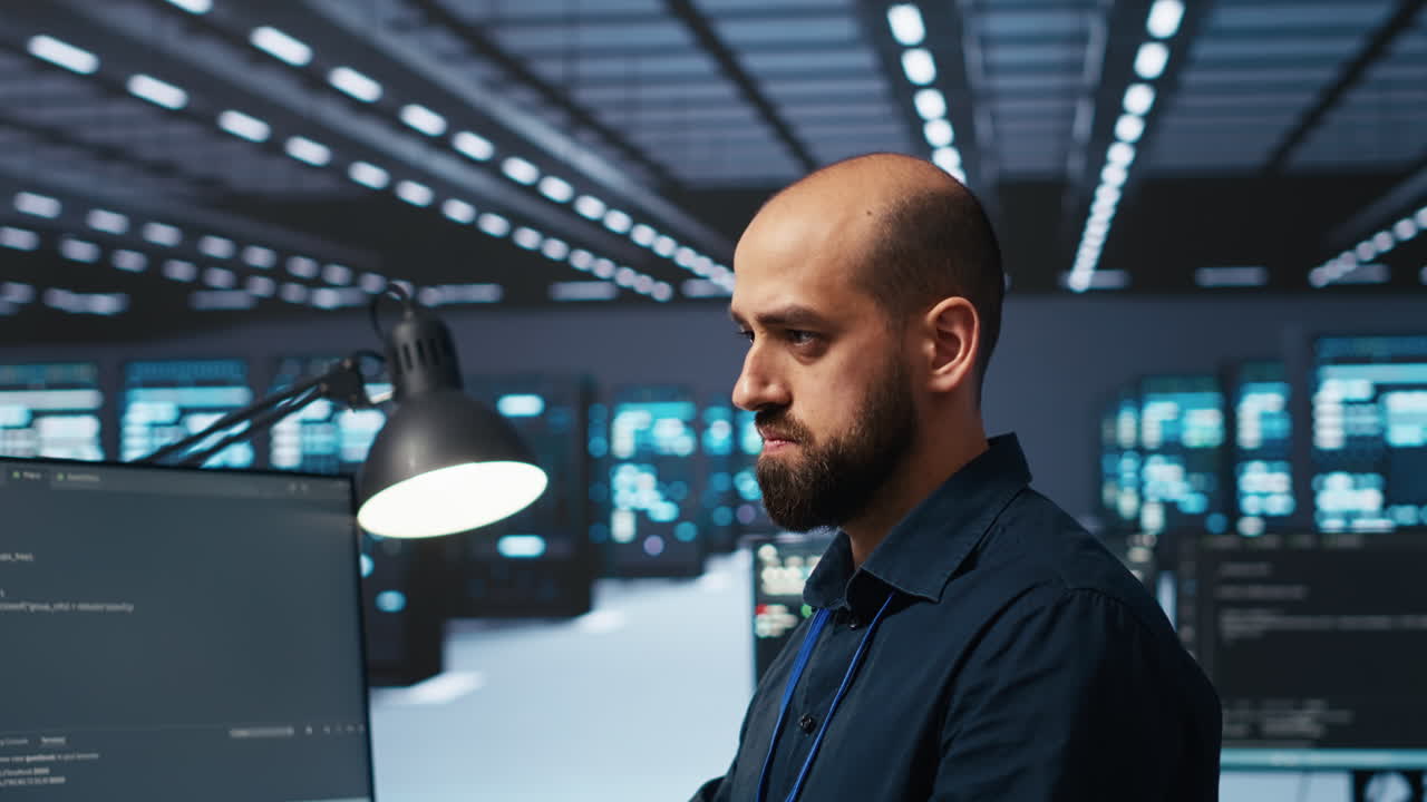 programador escribiendo código, trabajando en el centro de datos de seguridad de red