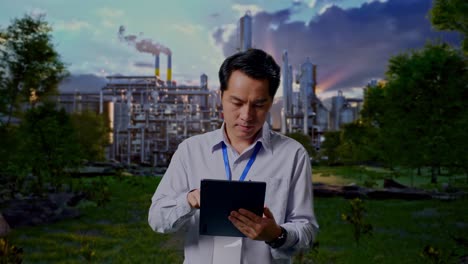 Asian Male Professional Worker Standing With His Tablet In Front Of Oil Refinery, Work Continuously With His Tablet