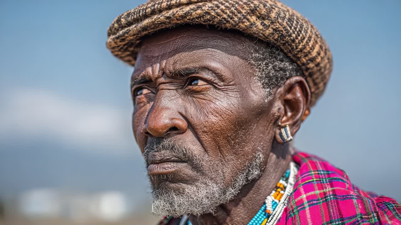 Un anciano sabio ataviado tradicionalmente contempla reflexivamente el horizonte, reflejando una vida de experiencias y herencia cultural.