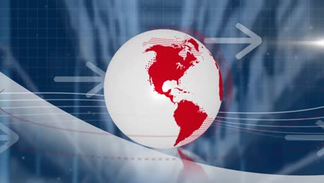 globo giratorio y flechas múltiples que mueven las salas laterales contra el almacén en el fondo