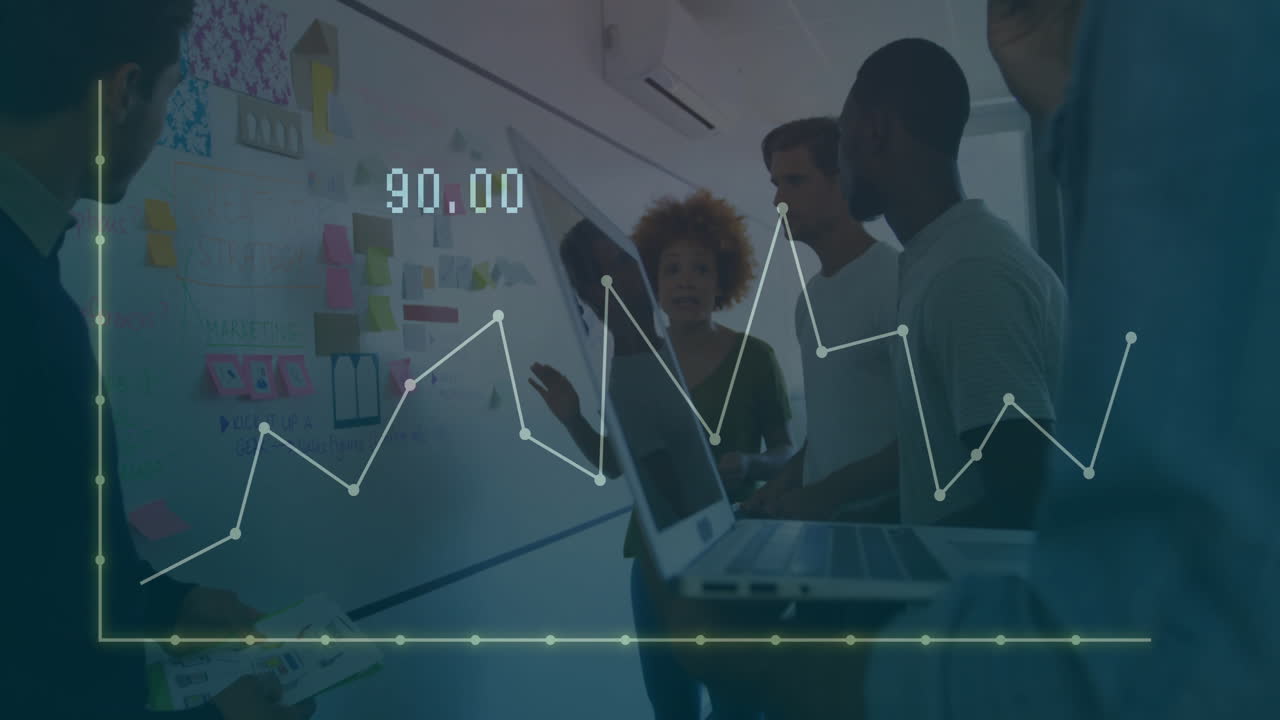 brainstorming del team aziendale con animazione grafica sulla scena della sala riunioni