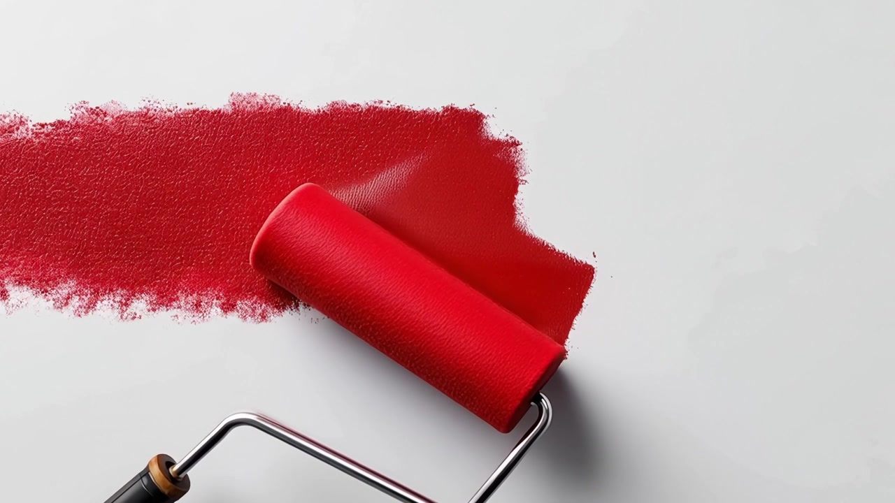 Rullo per pittura che applica vernice rossa su superficie bianca