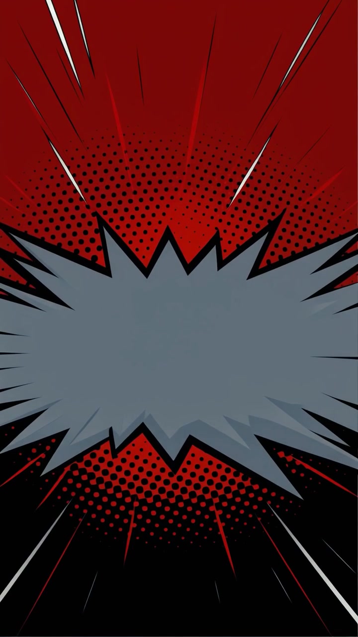 Nuvoletta di dialogo animata in stile fumetto con linee cinetiche su sfondo rosso