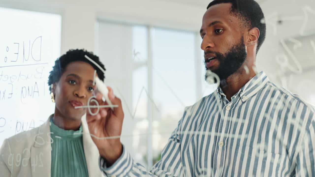 Business professionals collaborating on a strategy using a whiteboard