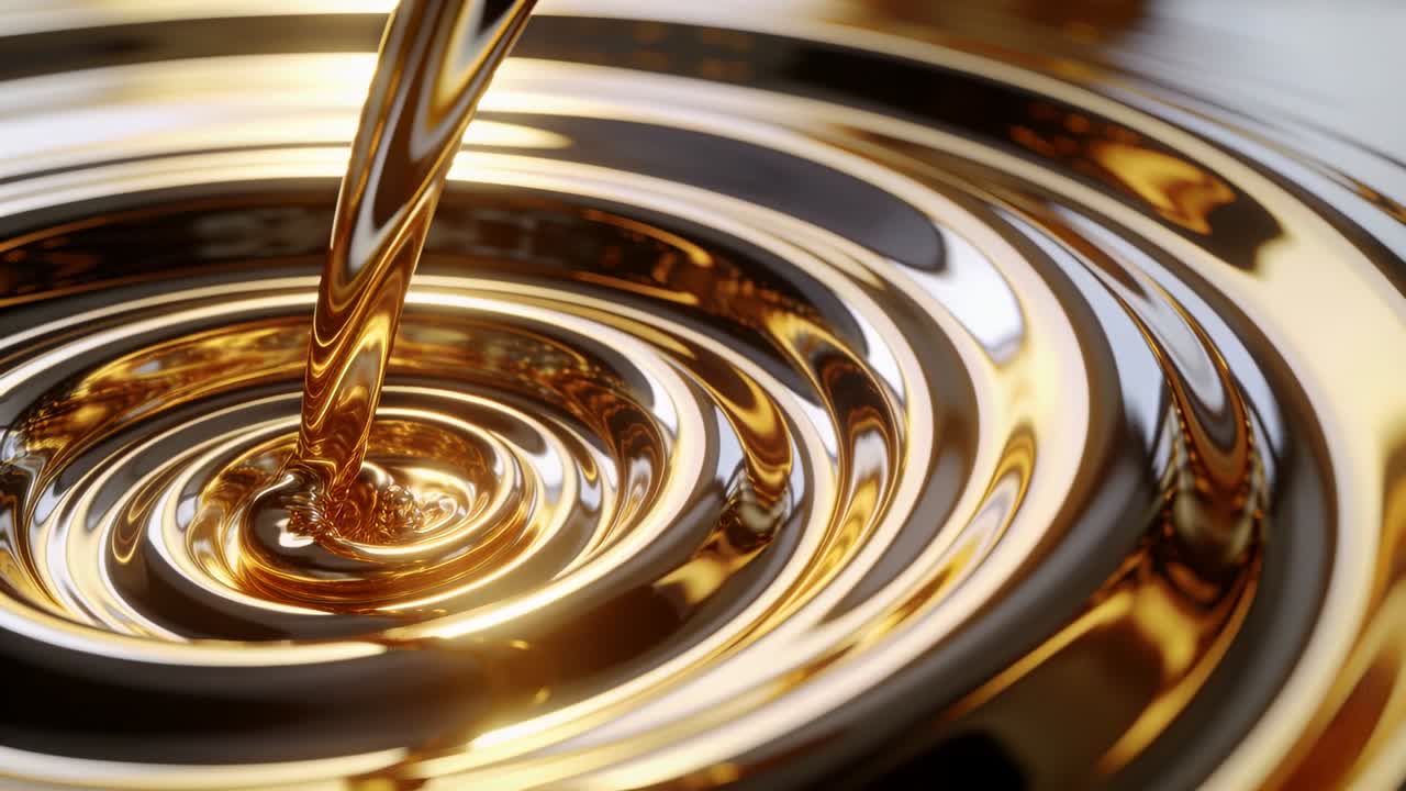 Pouring viscous golden stream from narrow spout creating ripples in metal dish for product shot