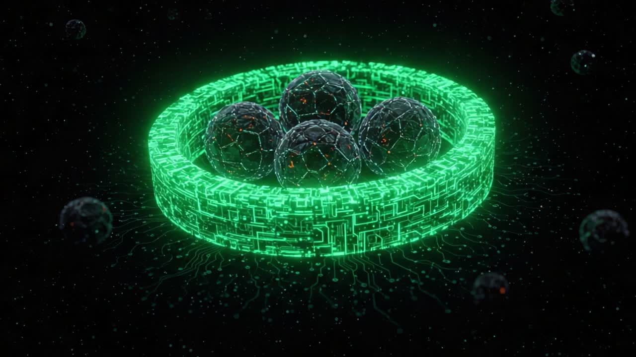 A Stunning Visualization of Futuristic Geometric Forms: A Green-Hued Ring Encompassing Spheres Surrounded by a Dynamic, Electronic Network of Digital Lines