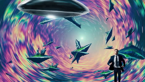 businessman flees through a cosmic wormhole with floating worlds and a ufo