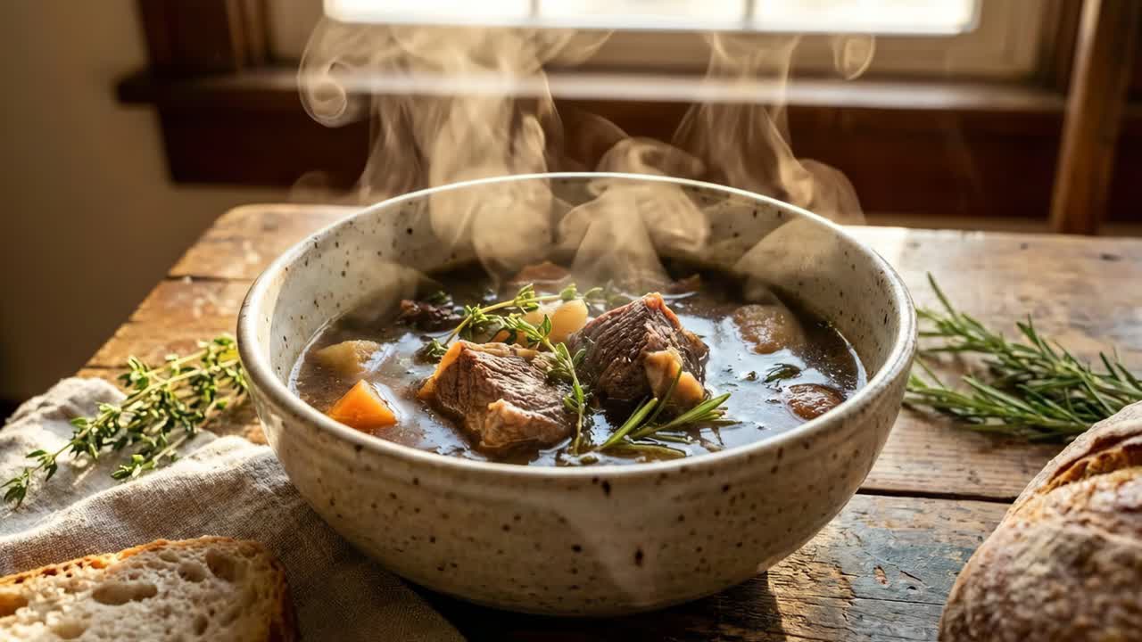 パンを添えた家庭風の牛肉の煮込み料理。